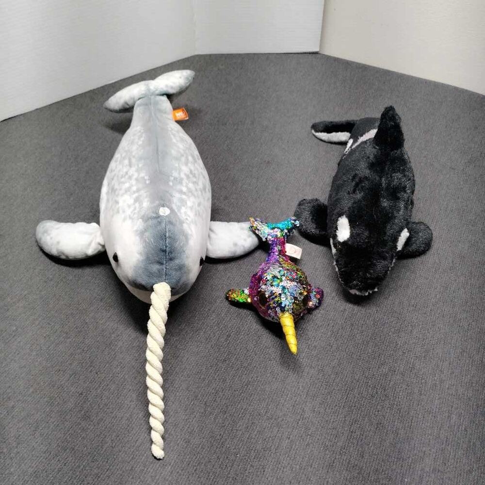 Wild Republic Orca & Narwhal Plush Lot 3 Sea Life Stuffed Animal Toys